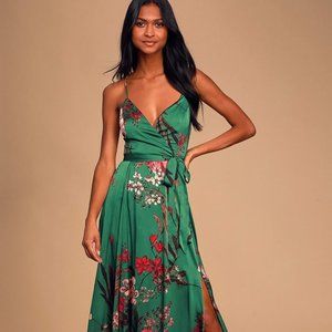 Lulu's "Still the One" Emerald Green Floral Print Satin Maxi Dress